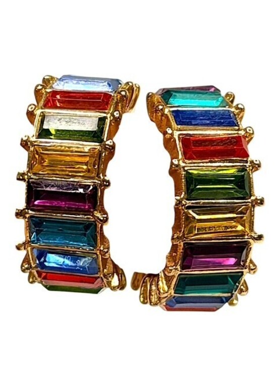 Jewelry - Rainbow Multicolor Baguette Rhinestone Gold Tone Hoop Earrings Statement Jewelry